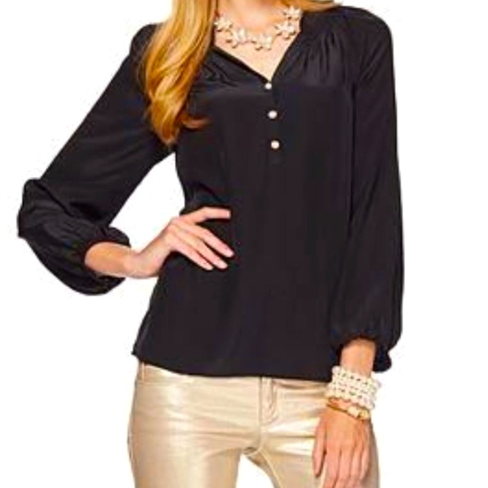 Lilly Pulitzer Elsa Black 100% Silk Long Sleeve Smocked Neck Blouse Size XL